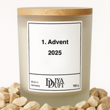 Kerze aus Sojawachs – „1.Advent“ – Frosted Glas, Bambusdeckel