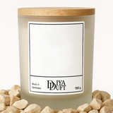 Personalisierte Kerze aus Sojawachs – „DEIN TEXT“ – Frosted Glas, Bambusdeckel