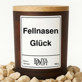 Kerze aus Sojawachs – „Fellnasen Glück“ – Frosted Glas & Bambusdeckel