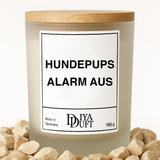 Kerze aus Sojawachs – „HUNDEPUPS ALARM AUS“ – Frosted Glas & Bambusdeckel