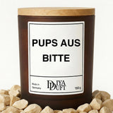 Kerze aus Sojawachs – „PUPS AUS BITTE“ – Frosted Glas & Bambusdeckel