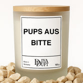 Kerze aus Sojawachs – „PUPS AUS BITTE“ – Frosted Glas & Bambusdeckel