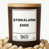 Kerze aus Sojawachs – „STINKALARM ENDE“ – Frosted Glas & Bambusdeckel