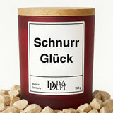 Kerze aus Sojawachs – „Schnurr Glück“ – Frosted Glas & Bambusdeckel