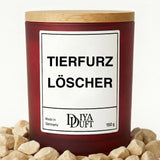 Kerze aus Sojawachs – „TIERFURZ LÖSCHER“ – Frosted Glas & Bambusdeckel
