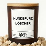 Kerze aus Sojawachs – „HUNDEFURZ-LÖSCHER“ – Frosted Glas, Bambusdeckel