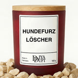 Kerze aus Sojawachs – „HUNDEFURZ-LÖSCHER“ – Frosted Glas, Bambusdeckel