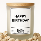 Kerze aus Sojawachs – „HAPPY BIRTHDAY“ – Frosted Glas, Bambusdeckel