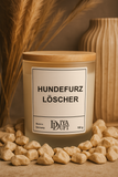 Kerze aus Sojawachs – „HUNDEFURZ-LÖSCHER“ – Frosted Glas, Bambusdeckel