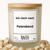 Kerze aus Sojawachs – „Ich riech nach Feierabend“ – Frosted Glas, Bambusdeckel