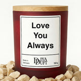 Kerze aus Sojawachs – „Love You Always“ – Frosted Glas & Bambusdeckel