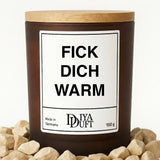 Kerze aus Sojawachs – „FICK DICH WARM“ – Frosted Glas & Bambusdeckel