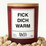 Kerze aus Sojawachs – „FICK DICH WARM“ – Frosted Glas & Bambusdeckel
