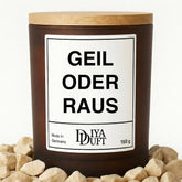Kerze aus Sojawachs – „GEIL ODER RAUS“ – Frosted Glas & Bambusdeckel