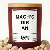 Kerze aus Sojawachs – „MACH’S DIR AN“ – Frosted Glas & Bambusdeckel