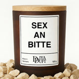 Kerze aus Sojawachs – „SEX AN BITTE“ – Frosted Glas & Bambusdeckel