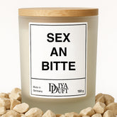 Kerze aus Sojawachs – „SEX AN BITTE“ – Frosted Glas & Bambusdeckel