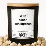 Kerze aus Sojawachs – „Wird schon schiefgehen“ – Frosted Glas, Bambusdeckel