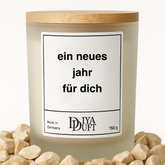 Kerze aus Sojawachs – „ein neues Jahr für dich“ – Frosted Glas, Bambusdeckel