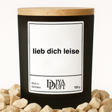 Kerze aus Sojawachs – „lieb dich leise“ – Frosted Glas, Bambusdeckel