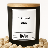Kerze aus Sojawachs – „1.Advent“ – Frosted Glas, Bambusdeckel