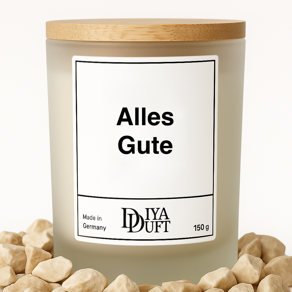 Kerze aus Sojawachs – „Alles Gute“ – Frosted Glas, Bambusdeckel