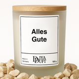 Kerze aus Sojawachs – „Alles Gute“ – Frosted Glas, Bambusdeckel