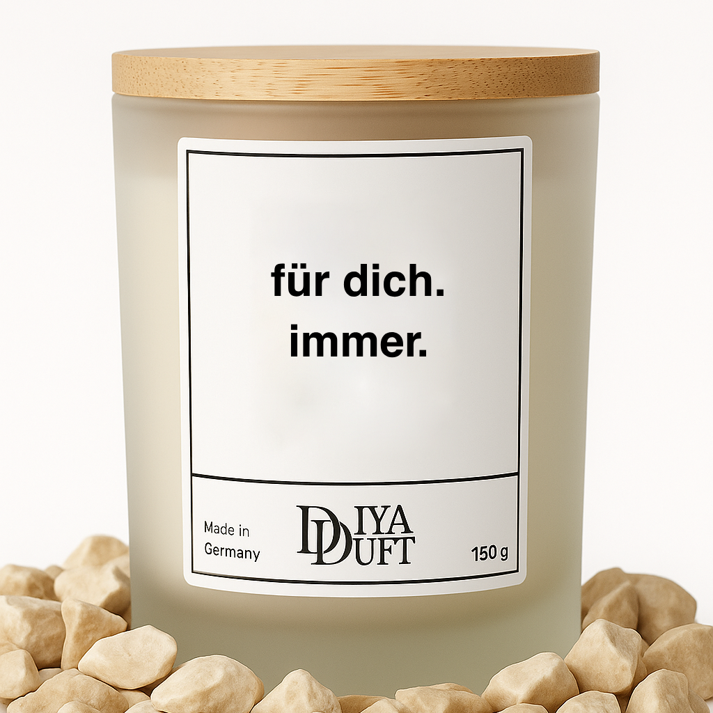 Kerze aus Sojawachs – „für dich immer“ – Frosted Glas, Bambusdeckel
