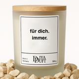 Kerze aus Sojawachs – „für dich immer“ – Frosted Glas, Bambusdeckel
