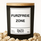 Kerze aus Sojawachs – „FURZFREIE ZONE“ – Frosted Glas & Bambusdeckel