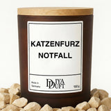Kerze aus Sojawachs – „KATZENFURZ NOTFALL“ – Frosted Glas & Bambusdeckel