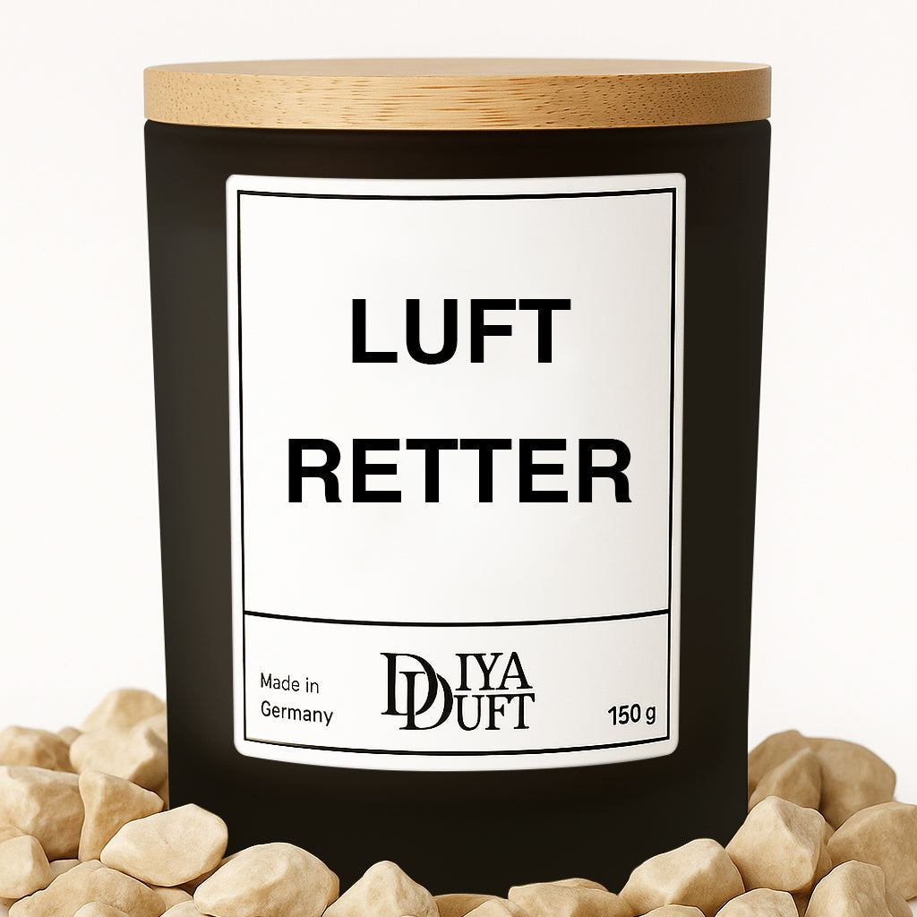 Kerze aus Sojawachs – „LUFT RETTER“ – Frosted Glas & Bambusdeckel