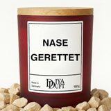 Kerze aus Sojawachs – „NASE GERETTET“ – Frosted Glas & Bambusdeckel