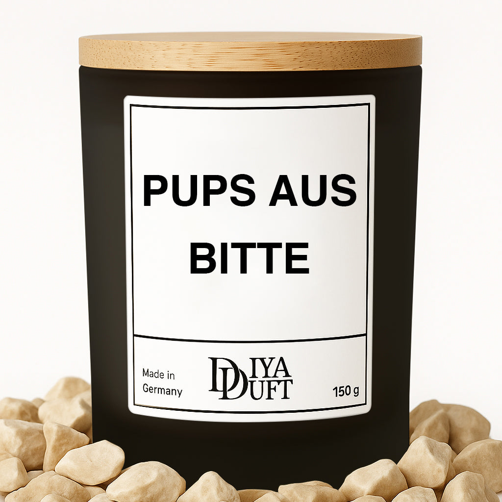 Kerze aus Sojawachs – „PUPS AUS BITTE“ – Frosted Glas & Bambusdeckel