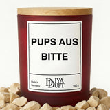 Kerze aus Sojawachs – „PUPS AUS BITTE“ – Frosted Glas & Bambusdeckel