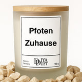 Kerze aus Sojawachs – „Pfoten Zuhause“ – Frosted Glas & Bambusdeckel