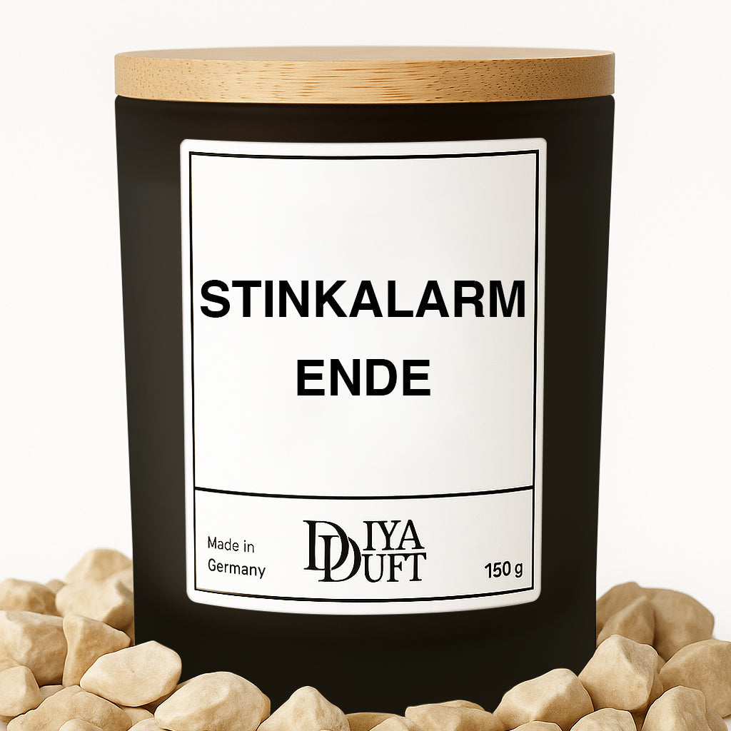Kerze aus Sojawachs – „STINKALARM ENDE“ – Frosted Glas & Bambusdeckel
