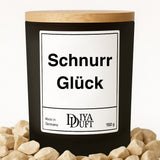 Kerze aus Sojawachs – „Schnurr Glück“ – Frosted Glas & Bambusdeckel