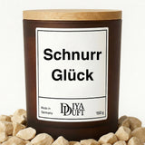 Kerze aus Sojawachs – „Schnurr Glück“ – Frosted Glas & Bambusdeckel