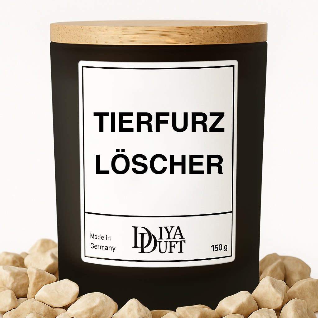 Kerze aus Sojawachs – „TIERFURZ LÖSCHER“ – Frosted Glas & Bambusdeckel
