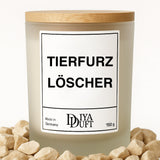 Kerze aus Sojawachs – „TIERFURZ LÖSCHER“ – Frosted Glas & Bambusdeckel