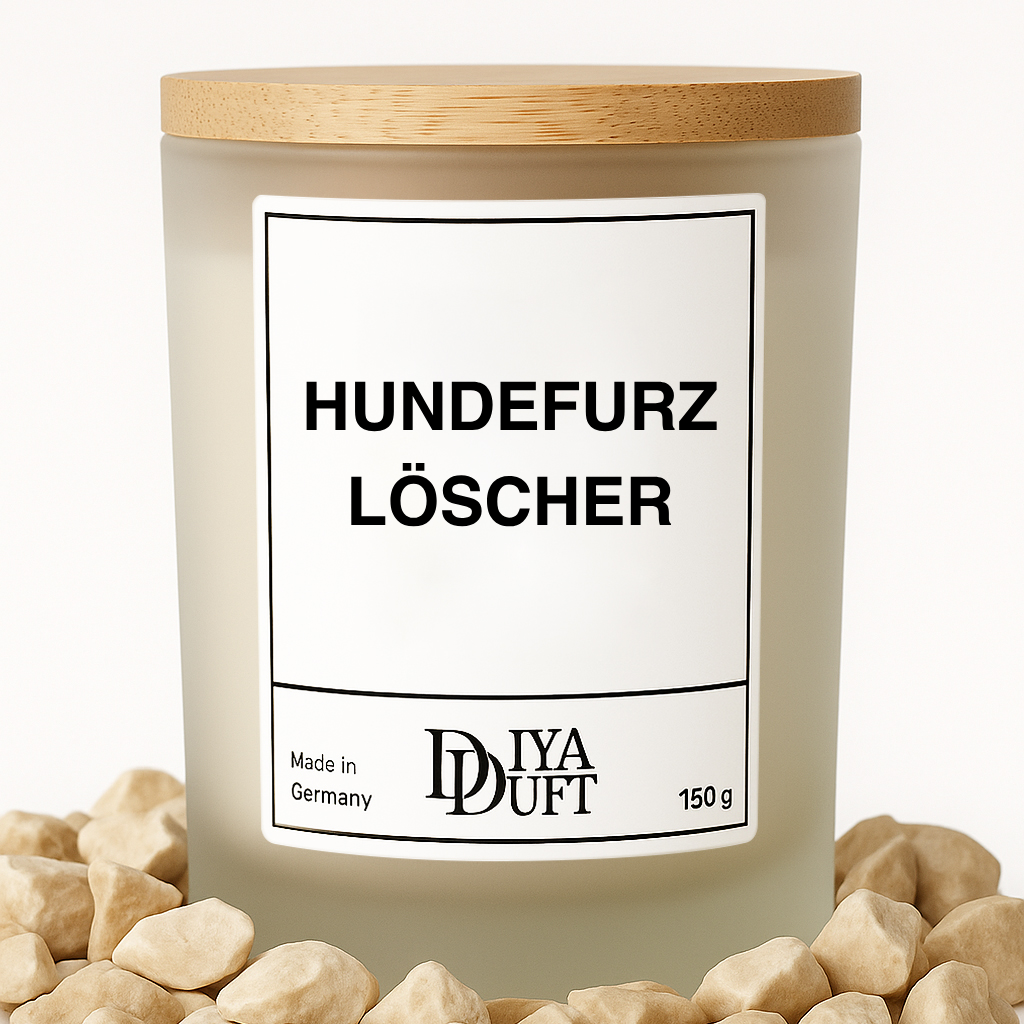 Kerze aus Sojawachs – „HUNDEFURZ-LÖSCHER“ – Frosted Glas, Bambusdeckel