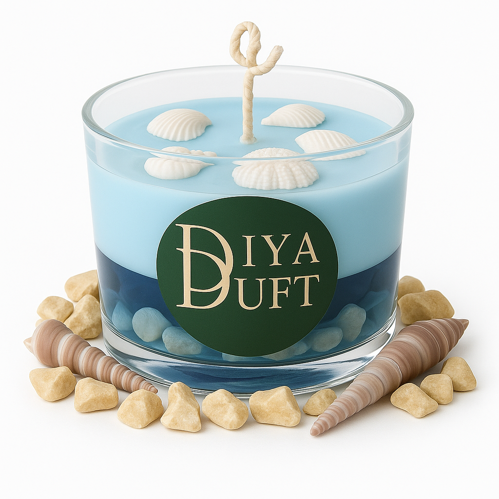 Ocean Whisper – Handgegossene Küstenkerze mit Muscheldekor