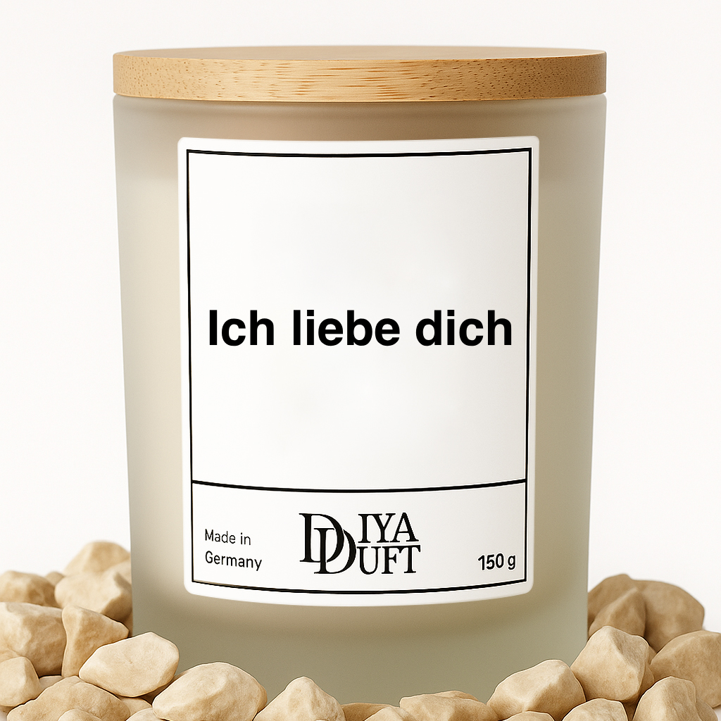 Kerze aus Sojawachs – „Ich liebe dich“ – Frosted Glas, Bambusdeckel