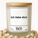 Kerze aus Sojawachs – „Ich liebe dich“ – Frosted Glas, Bambusdeckel