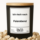 Kerze aus Sojawachs – „Ich riech nach Feierabend“ – Frosted Glas, Bambusdeckel