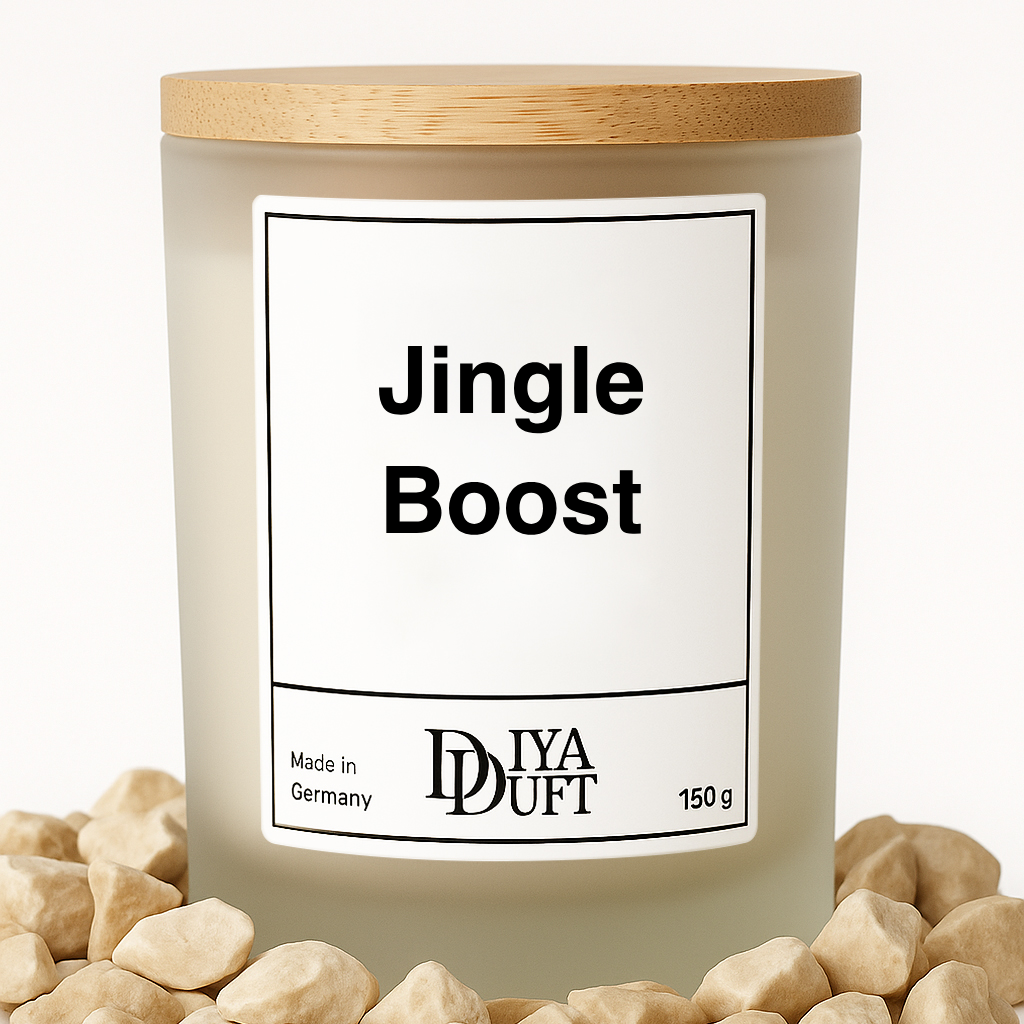 Kerze aus Sojawachs – „Jingle Boost“ – Frosted Glas, Bambusdeckel