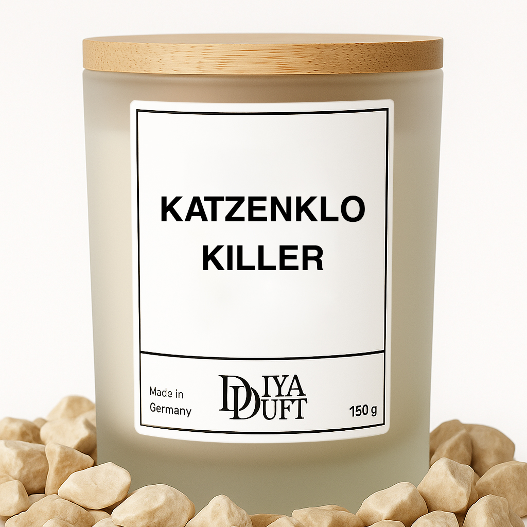 Kerze aus Sojawachs – „KATZENKLO KILLER“ – Frosted Glas, Bambusdeckel