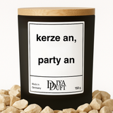 Kerze aus Sojawachs – „kerze an, party an“ – Frosted Glas, Bambusdeckel