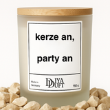 Kerze aus Sojawachs – „kerze an, party an“ – Frosted Glas, Bambusdeckel